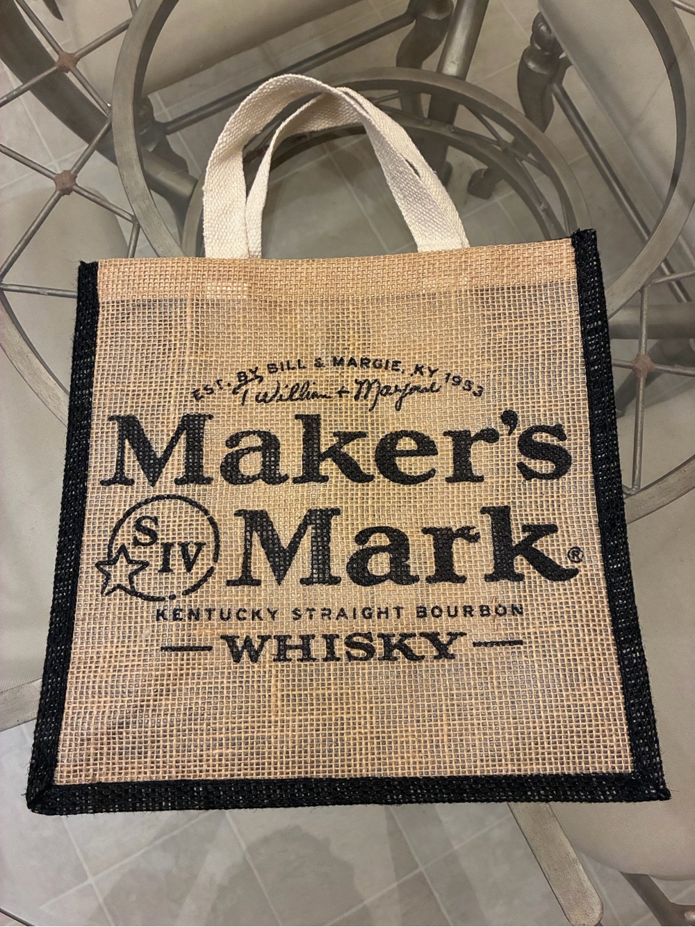 Maker's Mark Natural Jute Tote with Black Trim and Cream Handles
